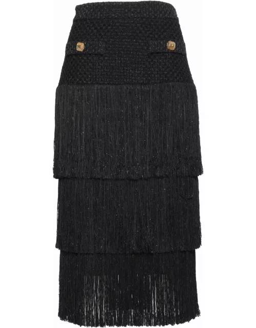 Elisabetta Franchi Fringed Tweed Midi Skirt