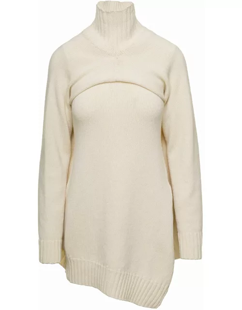 Jil Sander Cream White Two-piece Sweater With High-neck In Wool Woman