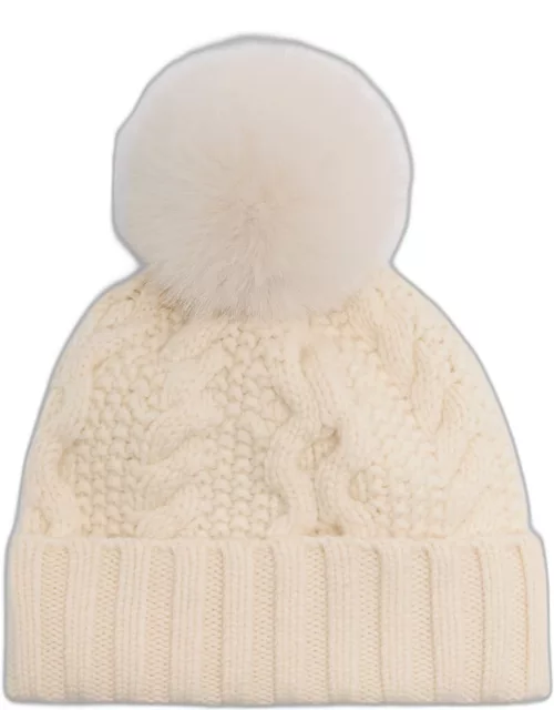 Chunky Cable Knit Cashmere Beanie With Faux Po