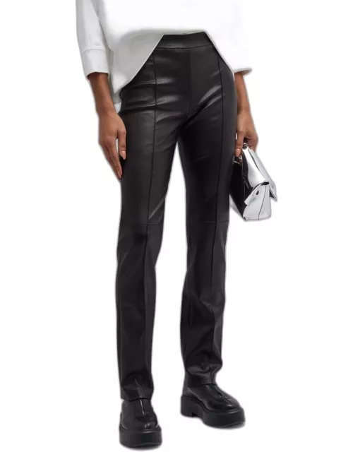Leather Pintuck Straight-Leg Pull-On Stovepipe Pant