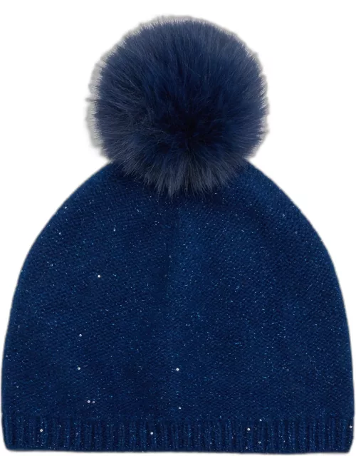 Cashmere Sequin Beanie With Faux Po