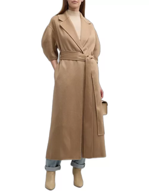 Regency Puff-Sleeve Belted Brushed Cashmere Long Wrap Coat