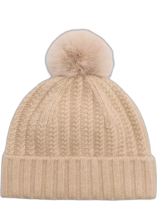 Braided Knit Cashmere Beanie With Faux Fur Po
