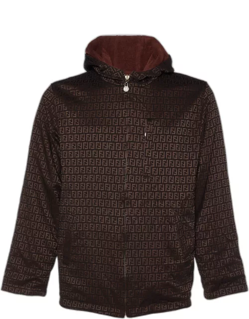 Fendi Jeans Vintage Brown Monogram Jacquard & Fleece Reversible Hooded Jacket