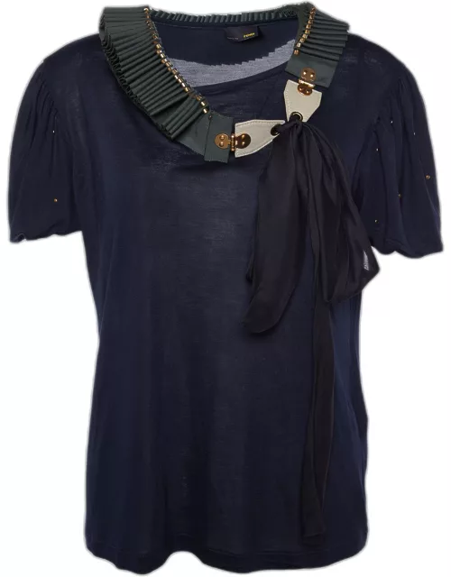 Fendi Navy Blue Knit Neck Trim Detail T-Shirt