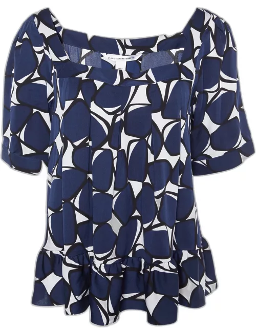 Diane Von Furstenberg Navy Blue Printed Silk Top