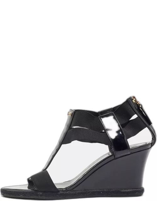 Fendi Black Patent Leather and Elastic T-Strap Wedge Sandal