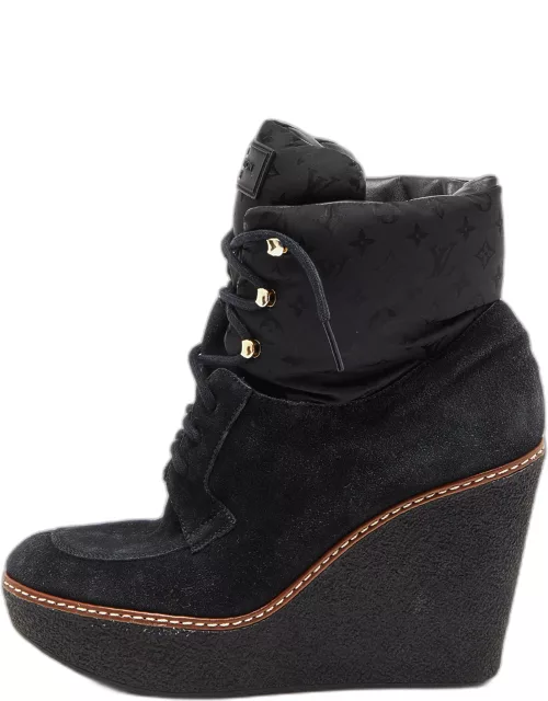 Louis Vuitton Black Suede and Monogram Fabric Wedge Ankle Boot