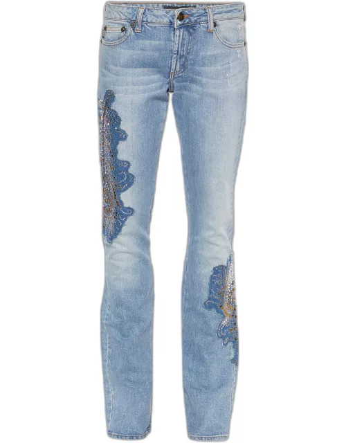 Just Cavalli Blue Denim Rockstud Detail Wide Leg Jeans