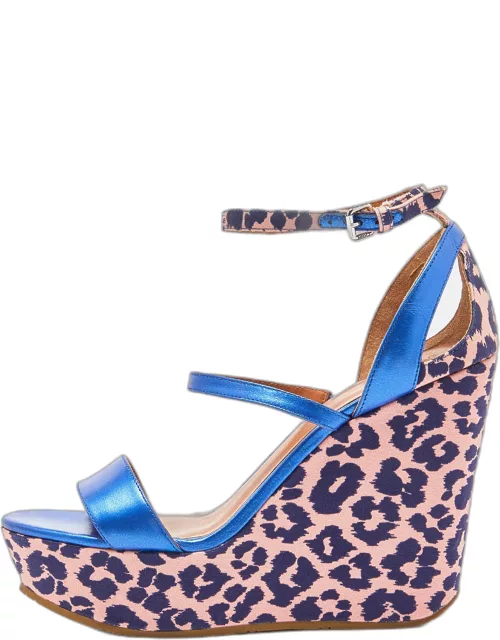 Marc by Marc Jacobs Blue/Pink Leather and Animal Print Fabric Wedge Ankle Strap Sandal