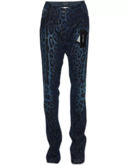 Dolce & Gabbana Navy Blue Animal Printed Denim Straight Leg Jeans