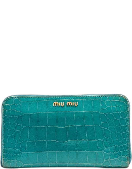 Miu Miu Green Croc Embossed Leather Zip Around Wallet