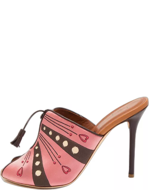 Malone Souliers x Natalia Vodianova Pink/Brown Satin Embroidered Open Toe Mule