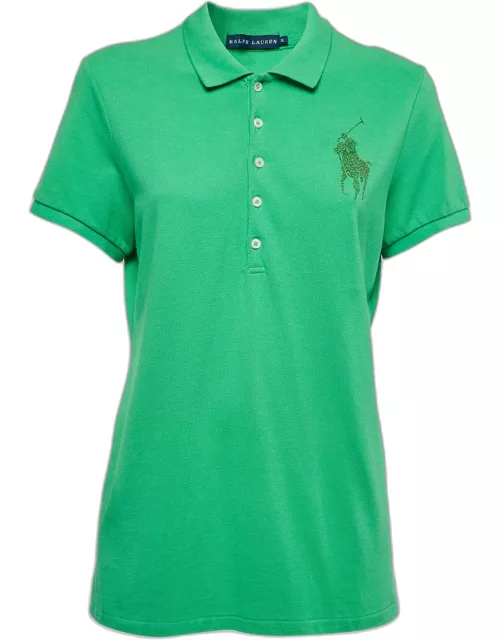 Ralph Lauren Green Cotton Crystal Logo Embellished Polo T-Shirt