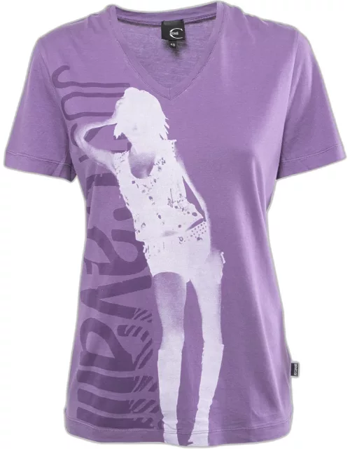 Just Cavalli Purple Printed Cotton V-Neck T-Shirt