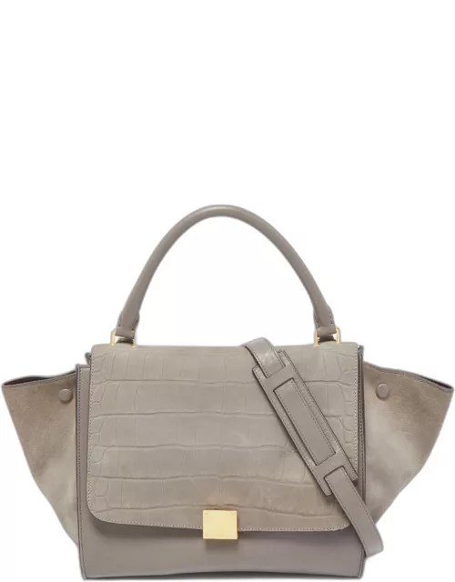Celine Two Tone Grey Croc Embossed Leather and Suede Medium Trapeze Top Handle Bag