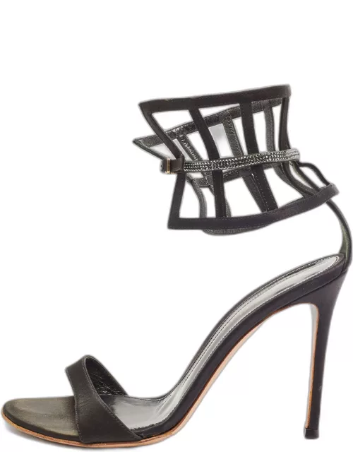Gianvito Rossi Black Satin Crystal Embellished Ankle Strap Sandal
