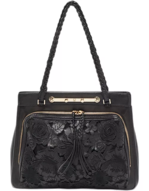 Valentino Black Leather and Lace Lace Demetra Tote