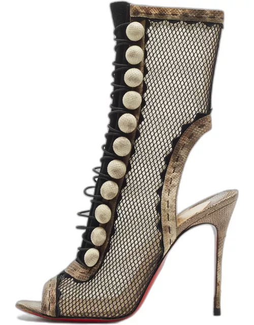 Christian Louboutin Black/Brown Watersnake and Mesh Attention Cut Out Bootie