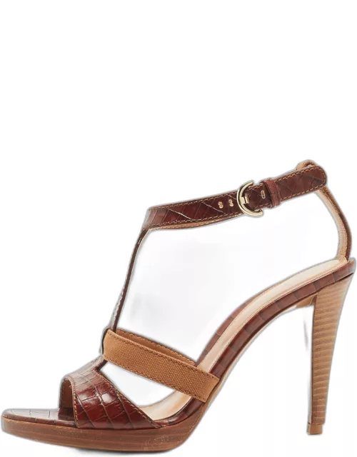 Sergio Rossi Brown Croc Embossed Leather T-Bar Ankle Strap Sandal
