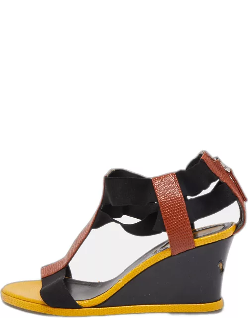 Fendi Brown/Yellow Lizard Embossed Leather T-Strap Espadrille Wedge Sandal