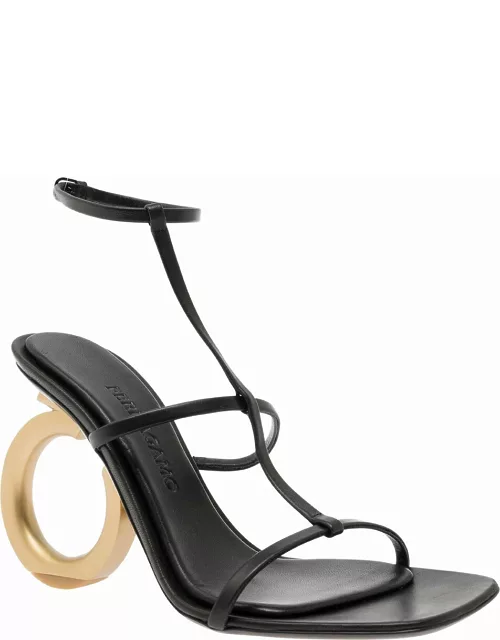 Ferragamo elina Black Sandals With Sculptural Gancini Heel In Leather Woman