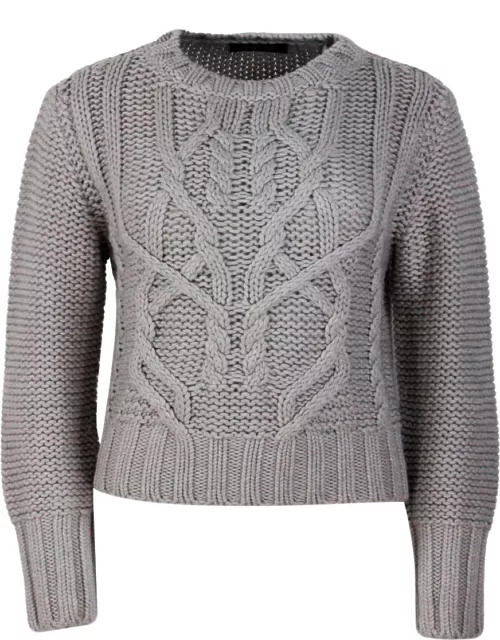 Fabiana Filippi Long Sleeve Crewneck Sweater In 100% Soft Virgin Wool With Cable Knit On The Front