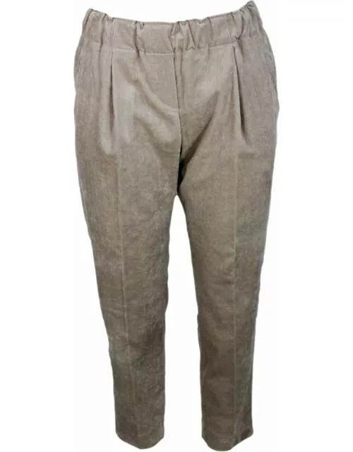 Antonelli Trousers In Soft Striped Velvet With 2 Small Pences And Elastic Waistband. Welt Pocket