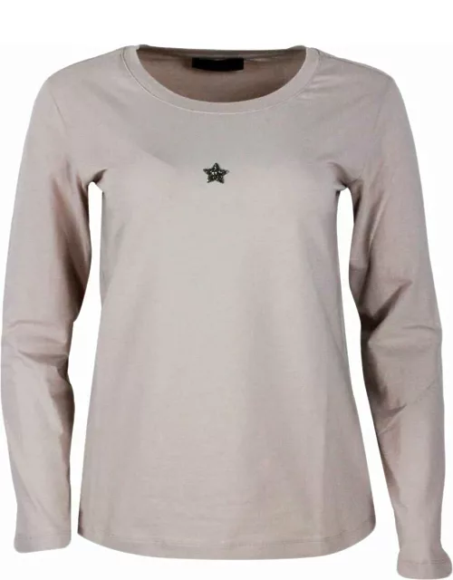 Lorena Antoniazzi Long-sleeved Crew-neck T-shirt In Stretch Cotton With Swarosky Star On The Chest