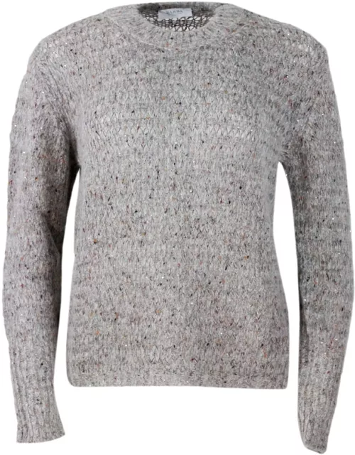 Barba Napoli Long-sleeved Crewneck Sweater In Wool Blend With Multicolor Texture And Applied Micro-sequin