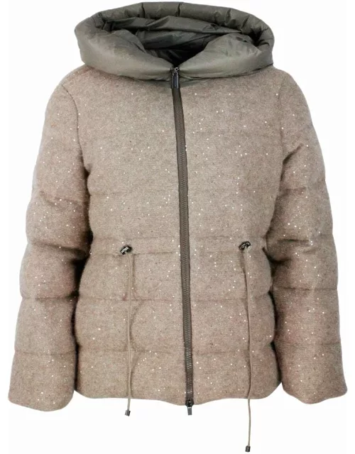 Fabiana Filippi Down Jacket Padded With Real Goose Down Made Of Soft And Precious Wool, Silk And Cashmere With Drawstring At The Waist And Hood In Technical Fabric