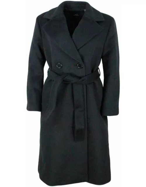 Armani Collezioni Long Coat In Double-breasted Wool Blend With Belt At The Waist.