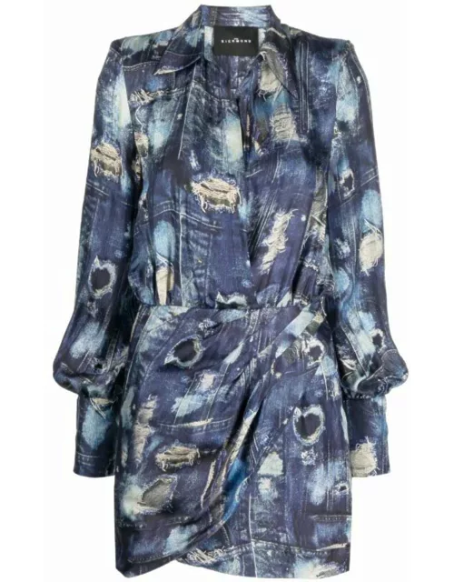 John Richmond Short Dress With Wrapped Skirt And Wide Neckline. Iconic Runway Denim-effect Pattern.