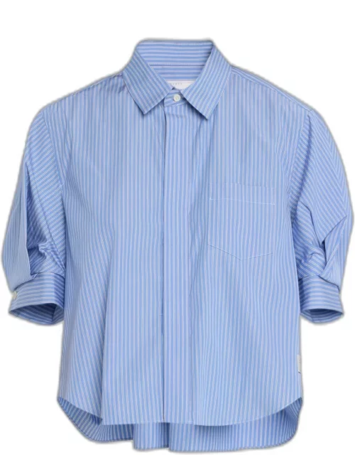 Pinstripe Puff-Sleeve Poplin Cropped Shirt