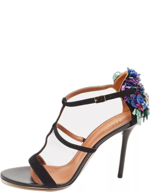 Malone Souliers Black Suede Floral Embellished Ankle Strap Sandal