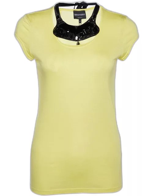 Emporio Armani Yellow Cotton & Modal Embellished Neck Detail T-Shirt