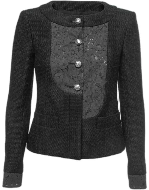 Chanel Black Cotton & Lace Button Front Collarless Jacket