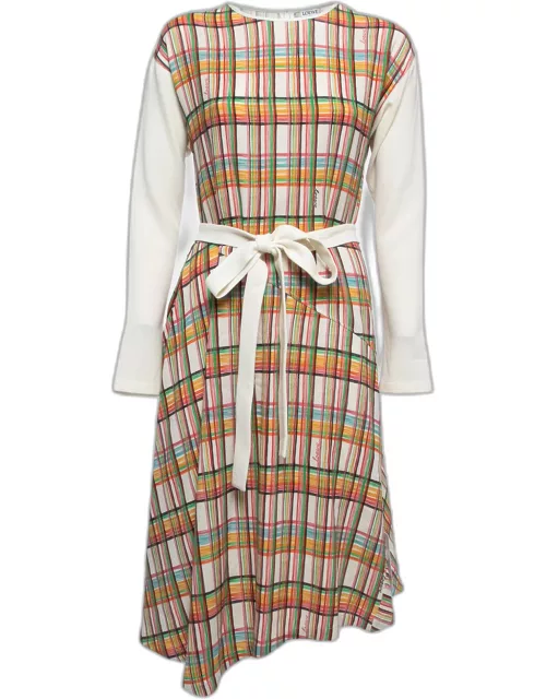 Loewe Cream/Multicolor Checked Printed Wool Belted Dress