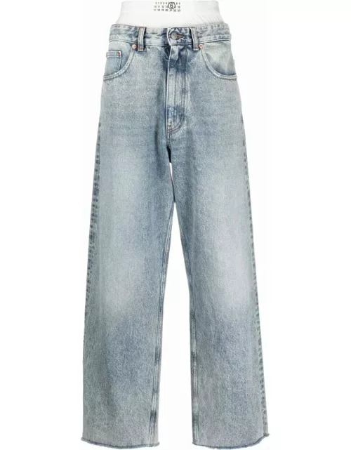 Blue straight-leg jeans with elastic band
