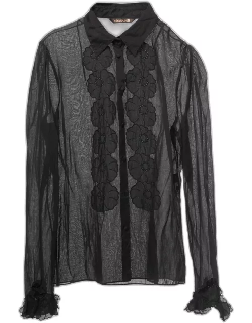 Roberto Cavalli Black Cotton Floral Detail Button Down Shirt