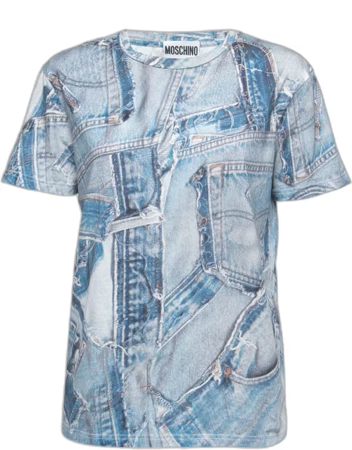 Moschino Couture Blue Denim Print Cotton Crew Neck T-Shirt