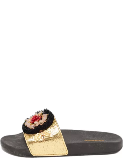 Dolce & Gabbana Gold Jacquard Embellished Slide Sandal