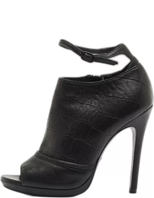 McQ by Alexander McQueen Black Croc Embossed Leather Peep Toe Ankle Strap Bootie