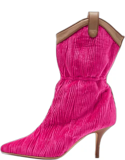 Malone Souliers Pink/Brown Pleated Velvet and Leather Mid Calf Boot