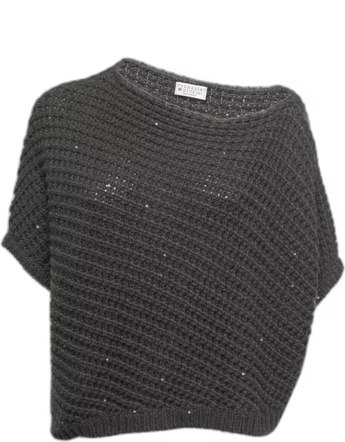 Brunello Cucinelli Grey Sequined Cashmere Asymmetrical Knit Top