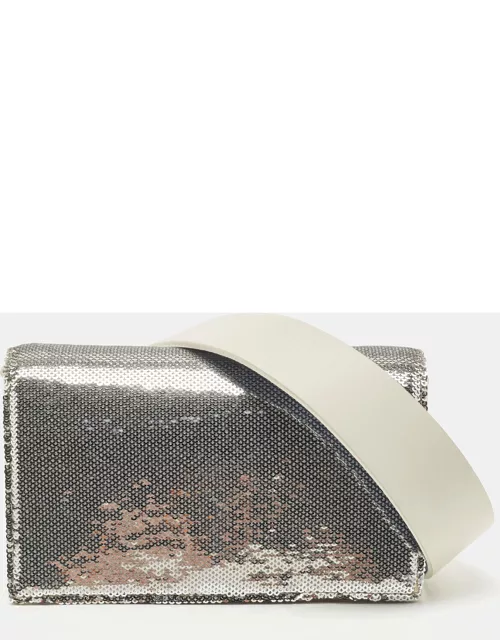 Diane Von Furstenberg Silver/White Sequins and Leather Flap Shoulder Bag