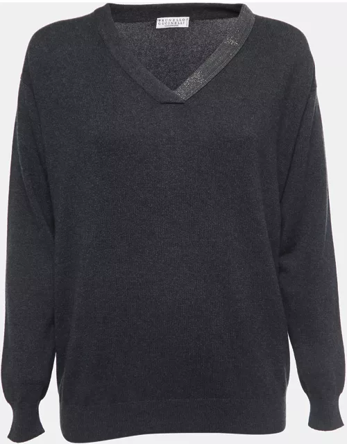 Brunello Cucinelli Charcoal Grey Cashmere Bead Embellished Sweater