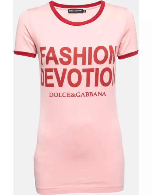 Dolce & Gabbana Pink Fashion Devotion Print Cotton Crew Neck T-Shirt