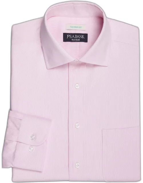 JoS. A. Bank Big & Tall Men's Traveler Collection Tailored Fit Fine Stripe Dress Shirt , Light Pink, 16 1/2 36