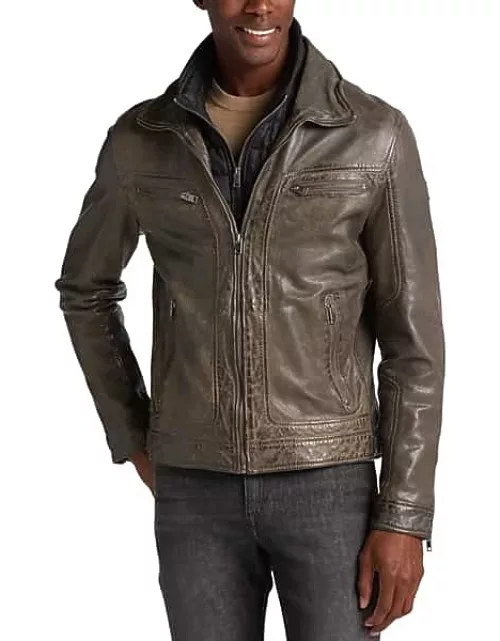 Mauritius Men's Slim Fit Vintage Lambskin Moto Jacket with Bib Gray